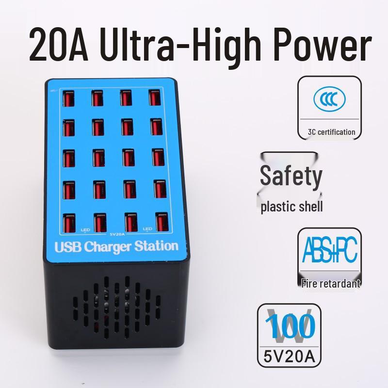 CE Certified 20-Port 100W Multi-USB Desktop Charger (ROHS, FCC, EU/US/UK/AU Specs)