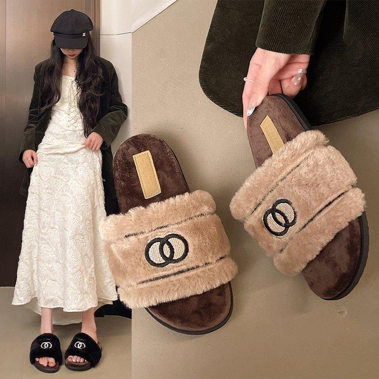 Retro Plush Embroidered Plush Slippers Women's Autumn and Winter Wear 2025 New Plush High-end Thick-bottomed Cotton Slippers