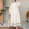 Johnature Embroidered Adjustable Waist Dress Long Sleeve Artistic Vintage Loose A-Line Long Dress For Women