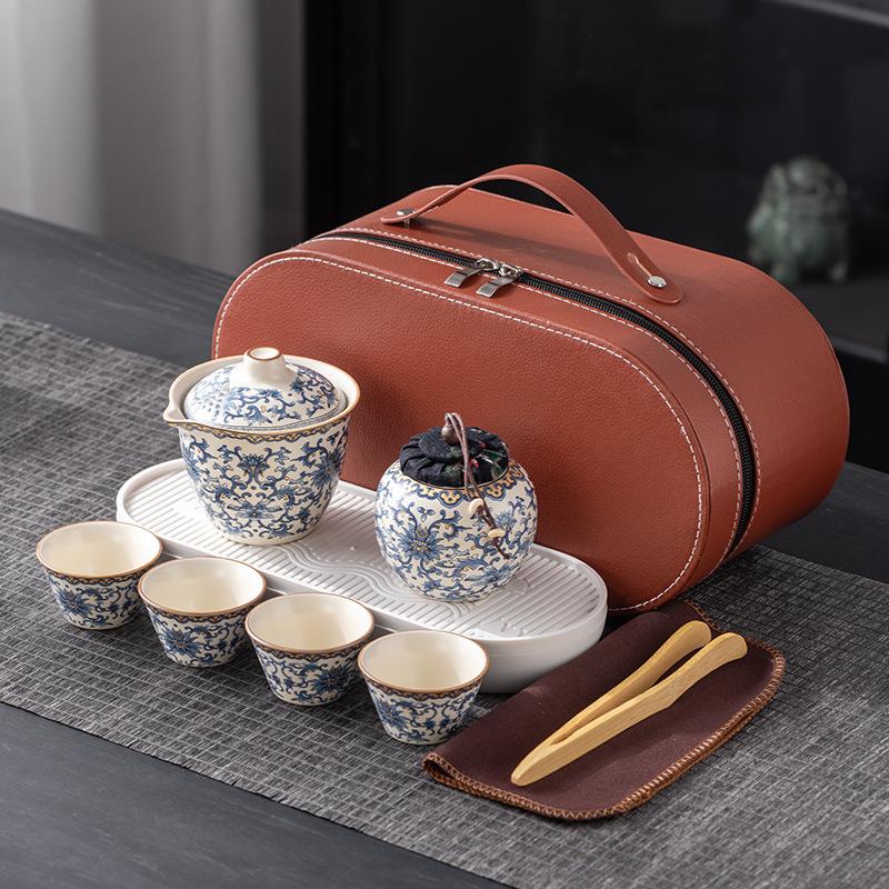 Dingyao blue and white travel tea set, one pot and three cups, outdoor portable set, light luxury business company commemorative gift