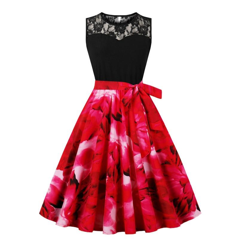 Summer New Retro Dress Lace Crew Neck Sleeveless Stitch Print Pendulum Dress