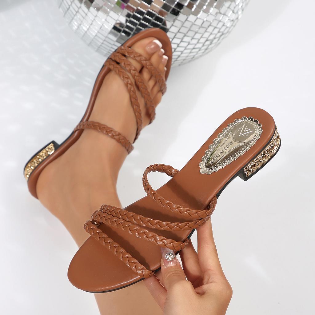 Open Toe Women Woven Flat Slippers Casual Summer Slippers Comfortable Fashion Sandals Cross Band Roman Beach Shoes Slides Women