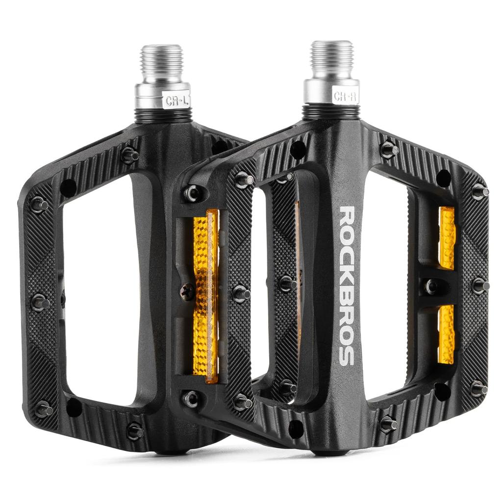 ROCKBROS Bicycle Flat Chromoly Lubricated for Road Cross Mountain and Folding Bikes Pedals, 9/16" Axle, Bearings, Reflectors, Lightweight, Non-Slip,