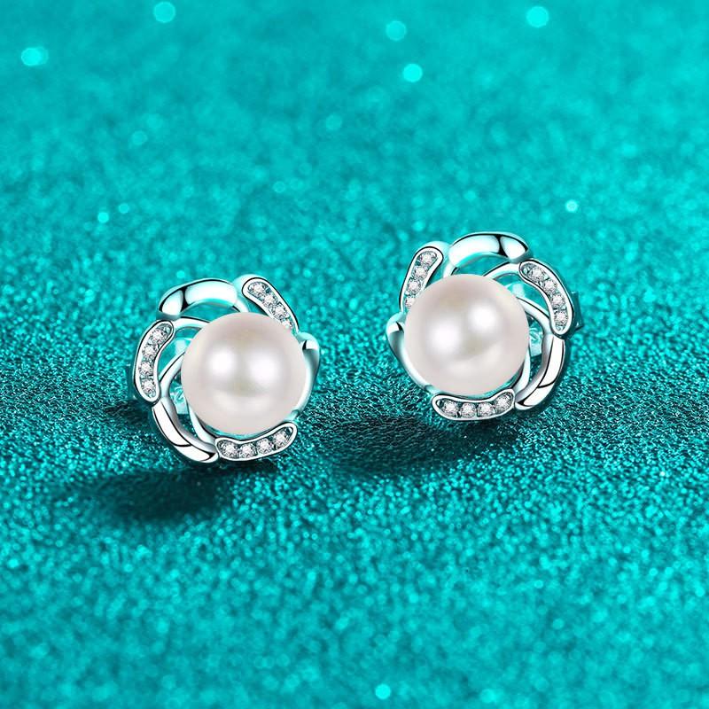 Sterling Flower Stud Earrings With Cultured Pearl Moissanite Bud Design Women Sweet Elegant Minimalist Jewelry