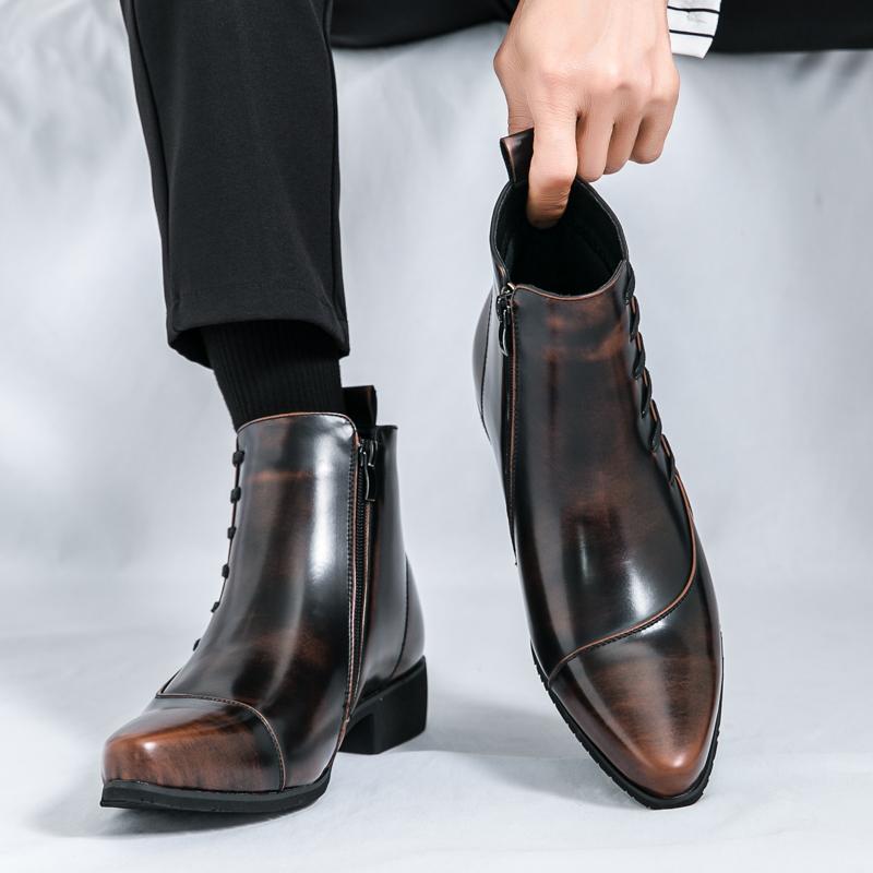Herren Leder Biker Stiefel Reißverschluss Chelsea Stiefeletten Plateau Sohle Absatz erhöhende Schuhe Mode Freizeit Motorradstiefel für Herren