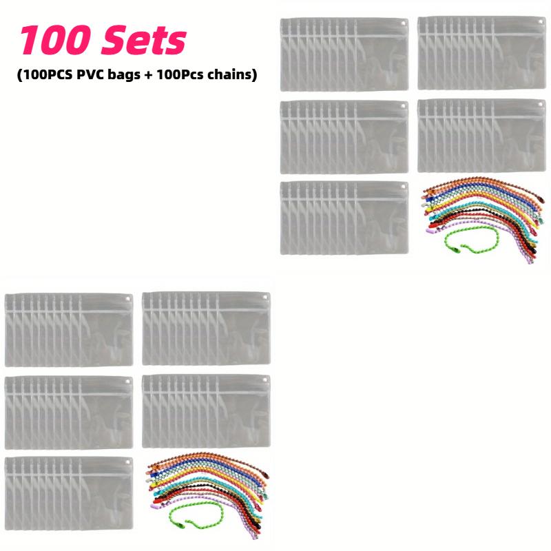 

100 Transparent PVC Zipper Pouches with Hanging Slots + 100 Multi-Colored Chains Reusable Organizers for Jewelry Showcases Beads