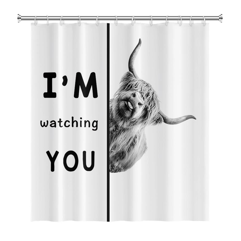 Farmhouse Highland Cow Shower Curtain With Hooks Funny Bull Cattle Bull Floral Decor Country Style Bothroom Curtain