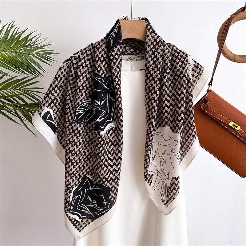 Color Matching Camellia 90Cm Simulated Silk Large Square Scarf Shawl Fashionable Versatile Printed Herringbone Scarf Headscarf Female New