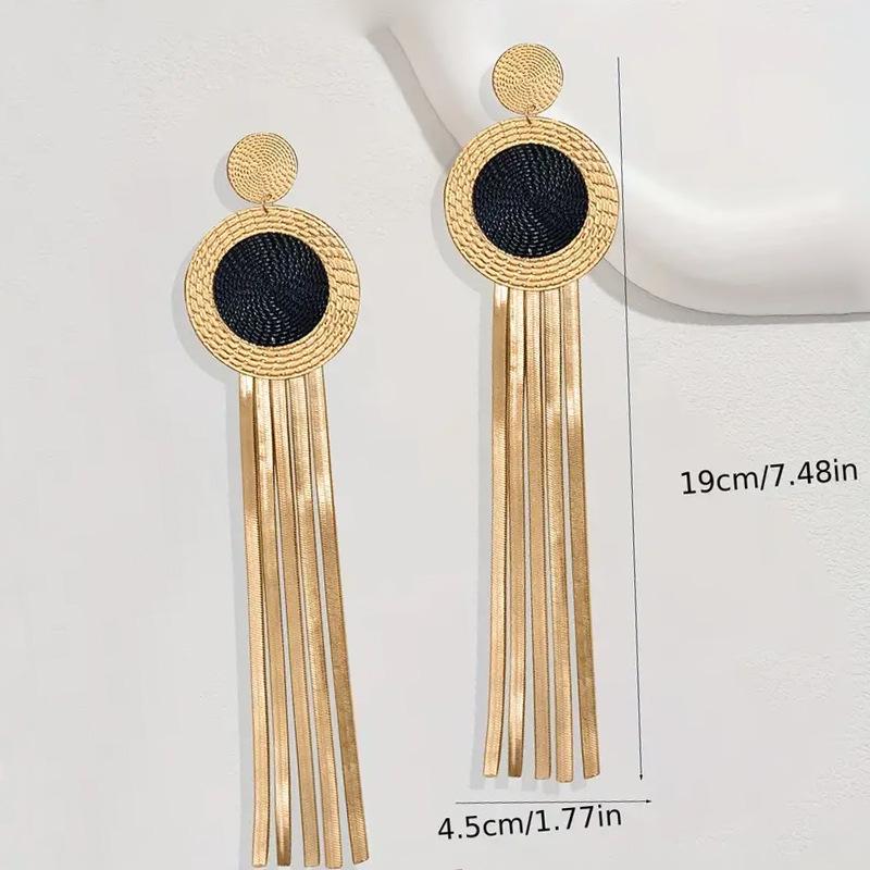 Personality Fashion Exaggerated Fringed Earrings Black Gold Color Scheme Disc Classic Temperament Elegant and Advanced