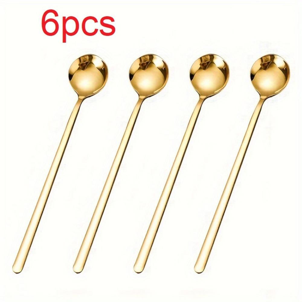2/4/6pcs Stainless Steel Golden Long Handle Coffee & Dessert Spoons Set, Round Tea Stirring Spoons for Home, Restaurant, and Party Use,