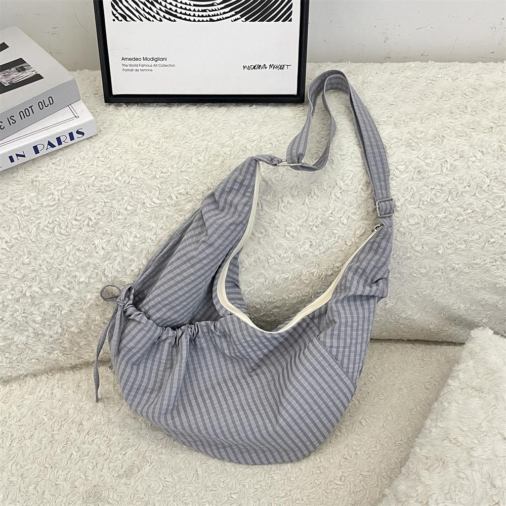 Lazy Wind Croissant Bag Large Capacity Pleated Nylon Plaid Bag Commuter Shoulder Canvas Bag