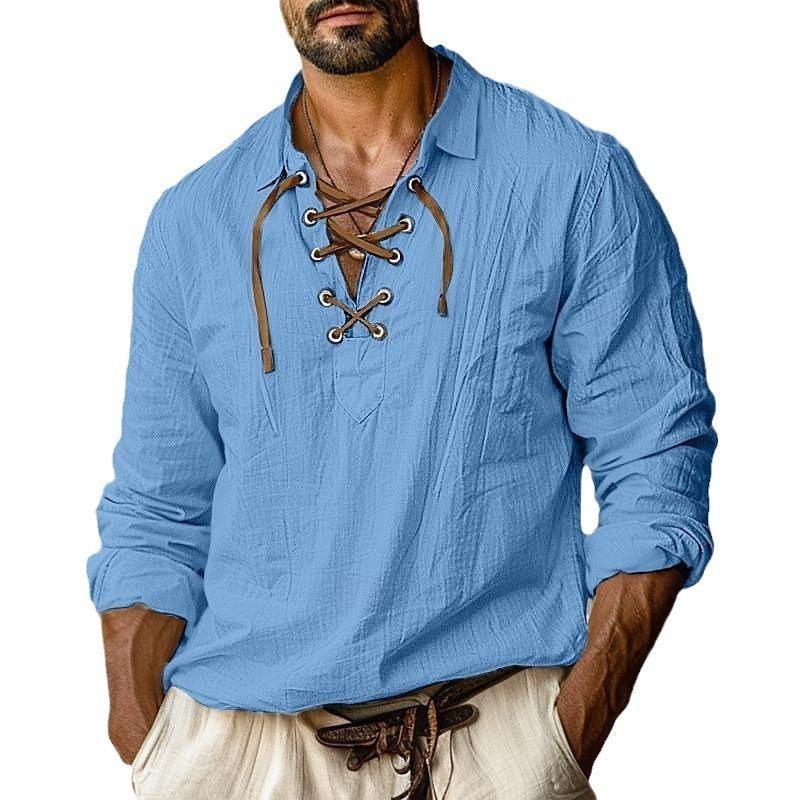 Men's Linen Shirts Long Sleeved Lace Up V Neck Casual Blouse Spring Summer Thin Front Tees Tops Breathable Men Clothing