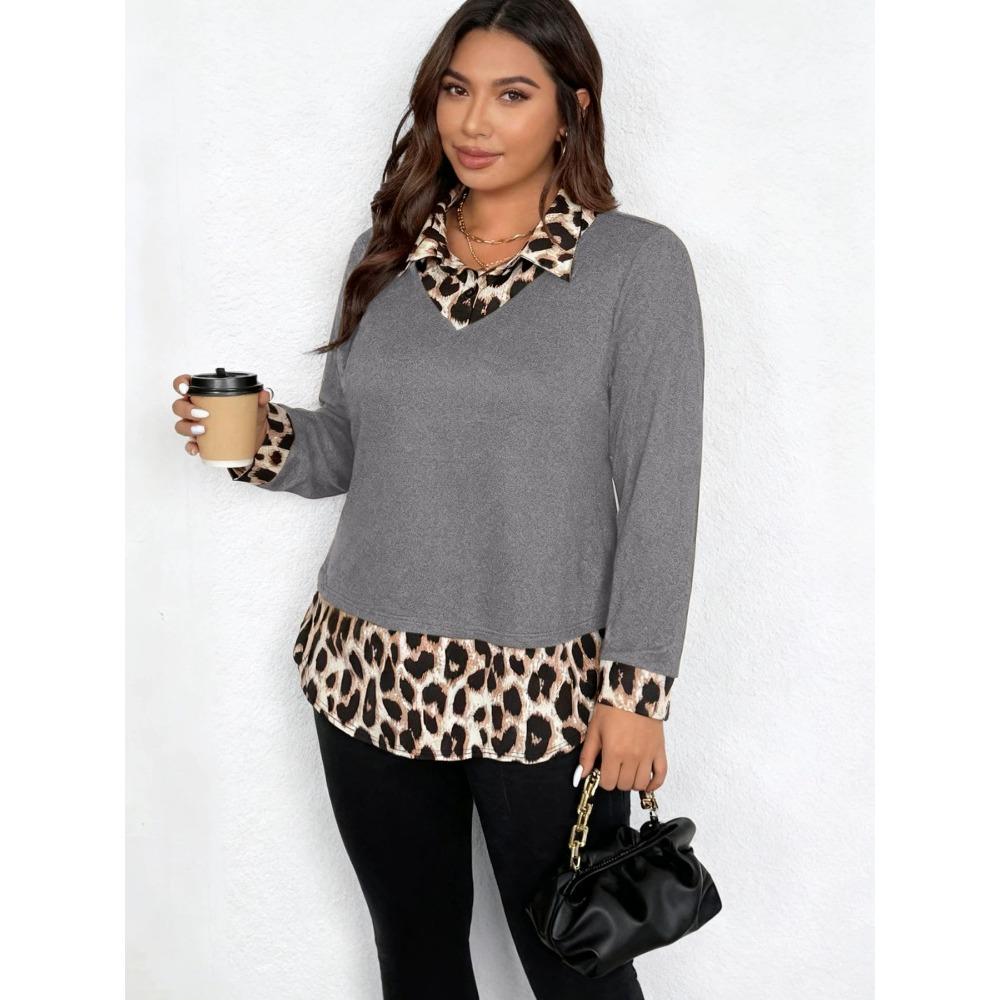 Hot Girl Leopard Print Patchwork Lapel Long-sleeved T-shirt for Women's Spring New Fitted Base Layer