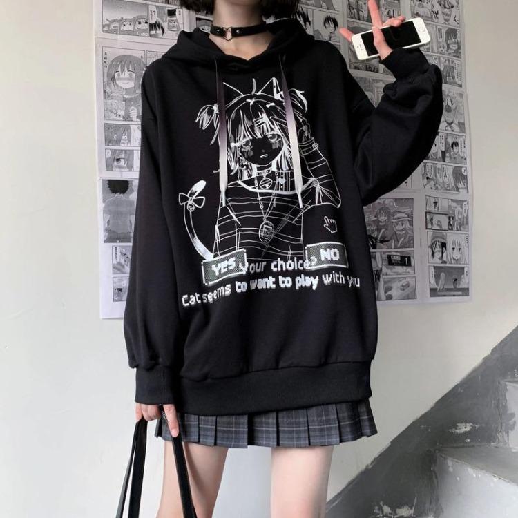 Sudadera con capucha Gótica de Anime Oversize para Mujer Harajuku Streetwear Pulóver Manga Larga Negro Blanco Moda Femenina Sudadera