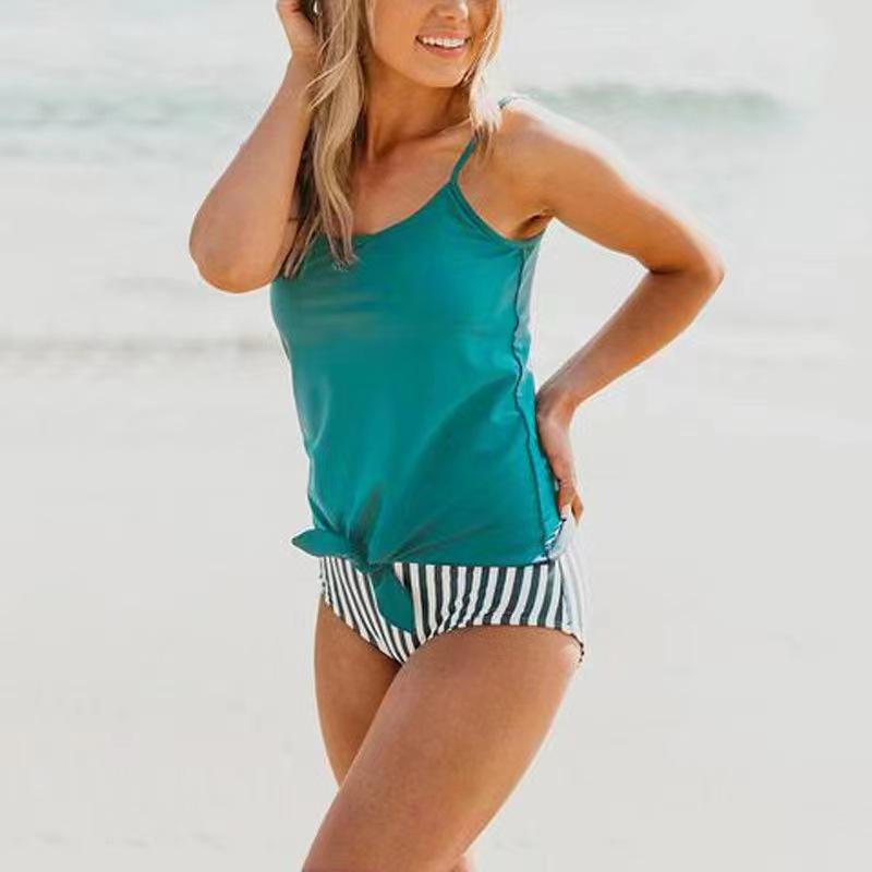 European & American Striped Women's Two-Piece Conservative Tankini Swimsuit