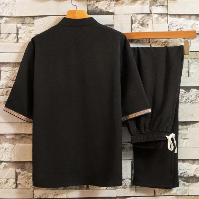 Summer Casual Set Men's Frog Button Hanfu Retro Streetwear Tang Suit T-shirt Crops Two-Piece Set
