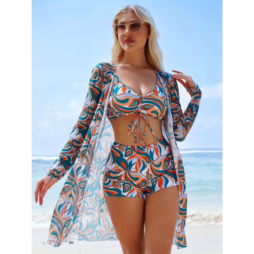 Bikini de Tres Piezas para Mujer con Pantalones Cortos tipo Boy Short, Bañador de Moda con Lazo y Cubre Traje de Playa