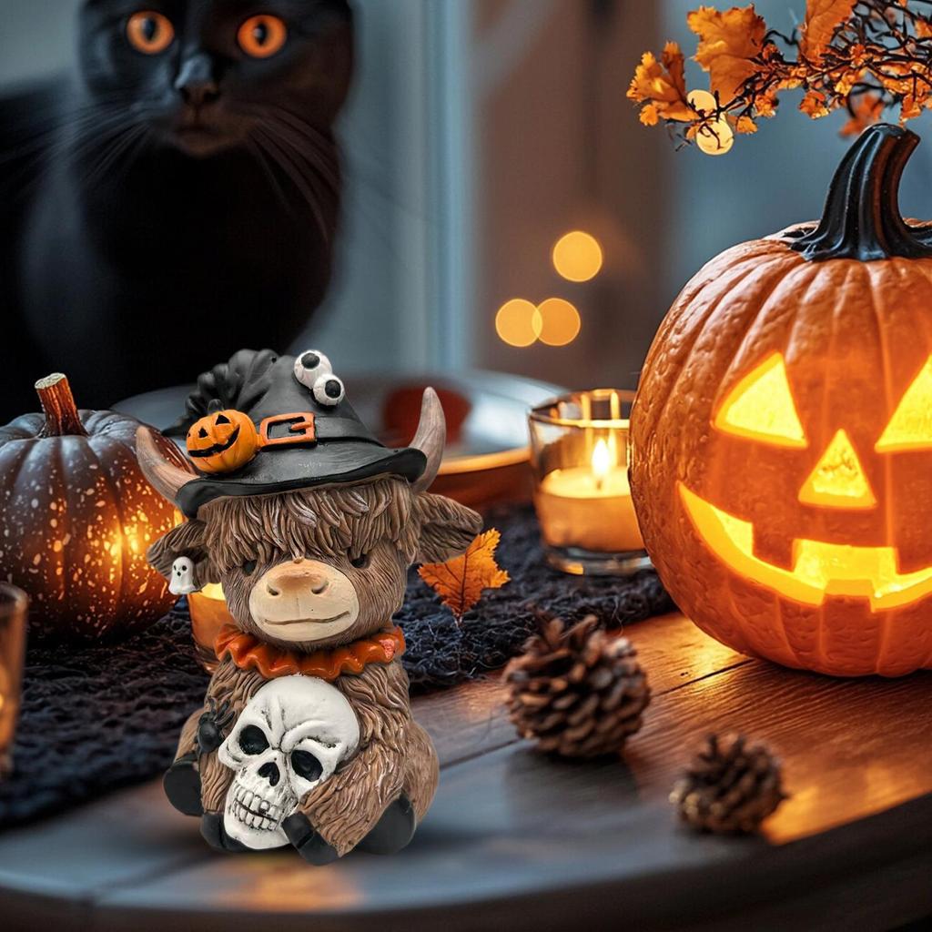 Halloween Decor Spider Pumpkin Highland Cow Statue Spooky Farm Animal Figurine for Home Office Desk Decor Party Gift Ornament