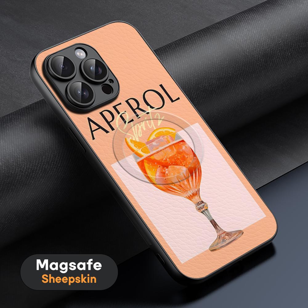 Custodia Arancione per Telefono Cocktail Aperol Spritz Per iPhone 16 15 14 13 12 11 Plus Pro Max Lusso di Alta Gamma Magsafe Pelle di Pecora