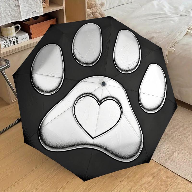 1pc Paw Print Heart Automatic Folding Umbrella, Heavy Duty 8 Rib Iron Frame, Suitable for Travel, Daily Use, Birthday, Decor Gift m0105102