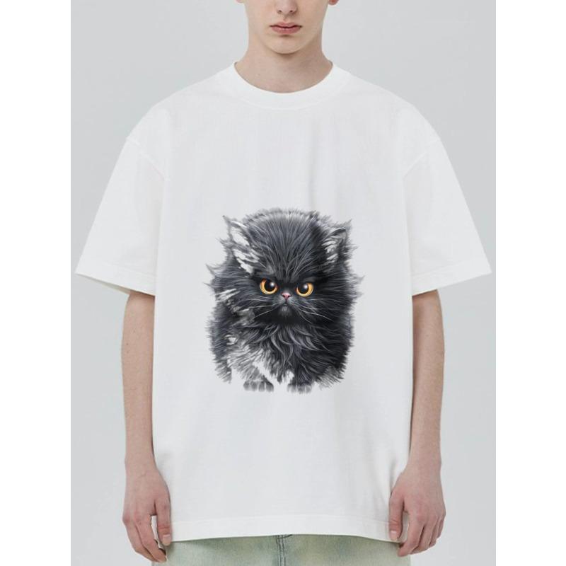 Crewneck T Shirt Black Fluffy Cat Print for Casual Wear