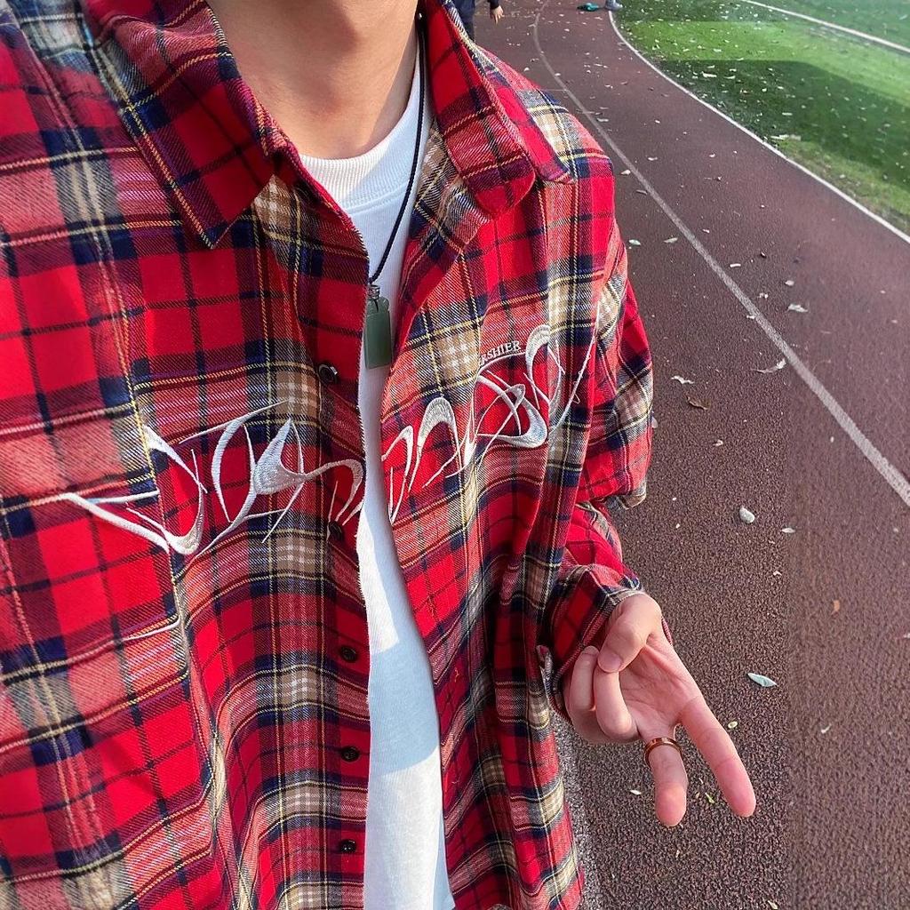 Men's Retro Embroidered Plaid Long Sleeve Summer Shirt