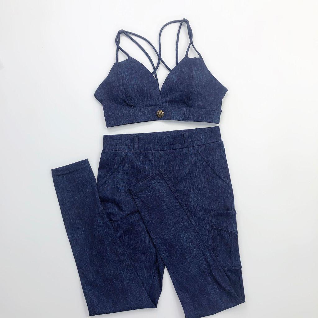 Denim Sports Bra & Hip-Lifting Yoga Tights Fitness Set