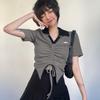 Short Slim Top for Women Vintage V-neck Drawstring Pleated Short Sleeve Top Summer Sexy Irregular T-shirt Gothic Korean Crop Top