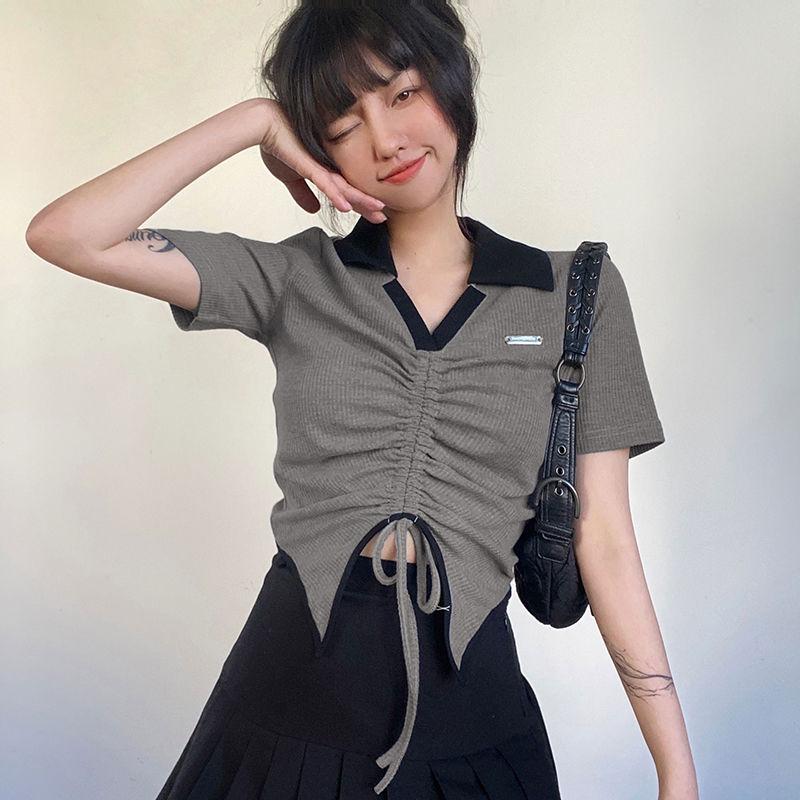 Short Slim Top for Women Vintage V-neck Drawstring Pleated Short Sleeve Top Summer Sexy Irregular T-shirt Gothic Korean Crop Top