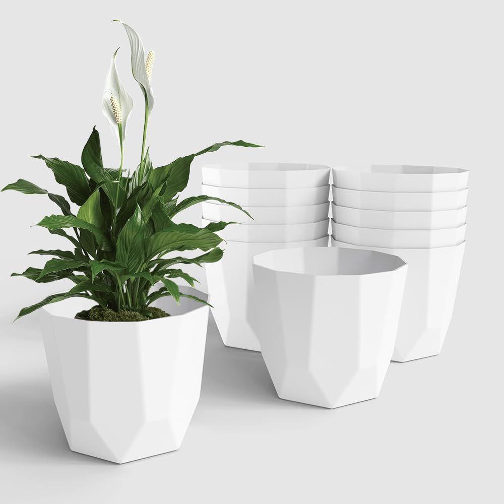 Hexa Plastic Flower Pot with Drainage Holes Round Planter Pot Suitable for Indoor Outdoor Kitchen Garden (White, 10 INCH - 12 Pcs)