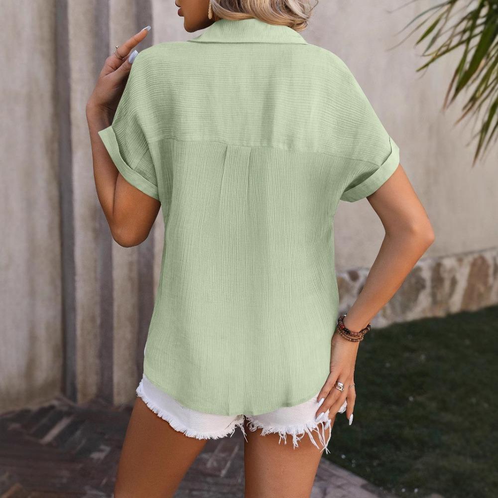 Summer Women's Casual Solid-color Wrinkled Fabric Button Short-sleeved Shirt