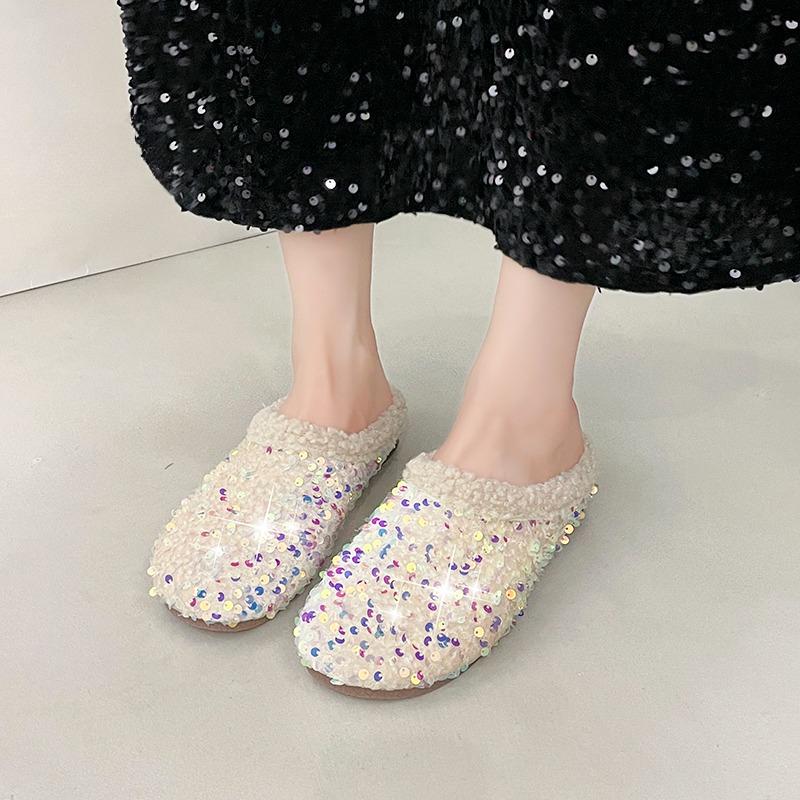 Sequin Baotou Slippers Autumn and Winter New Round Toe Deep Mouth Soft Sole Non-slip Wear-resistant Flat Shoes