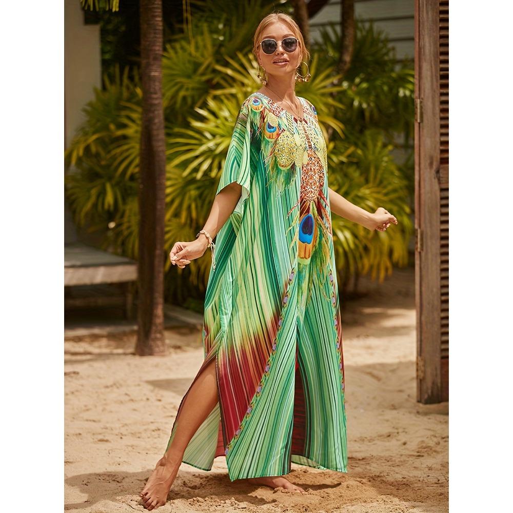 Plus Size Boho Cover Up, Women's Plus Painting Print Bat Sleeve V Neck Split Hem Maxi Cover Up Dress