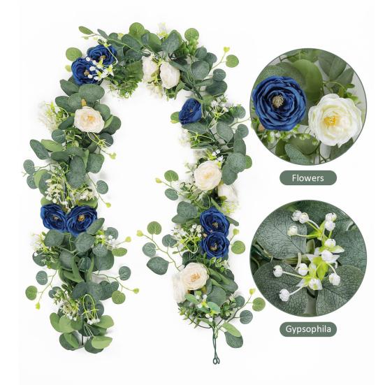 Artificial Eucalyptus Flower Garland with Rose Faux Floral Greenery Garland Fake Rose Flower Vine for Wedding Party Wall Backdrop Decor