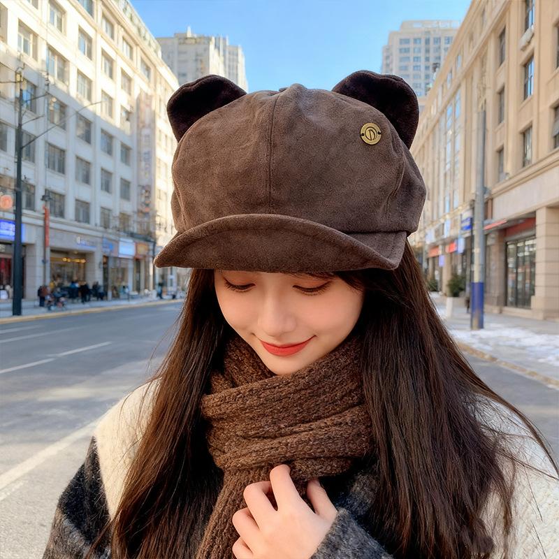 Korean Retro Suede Cat Ear Hat for Women Sweet and Cute Beret Autumn and Winter Face Showing Little Painter Octagonal Hat