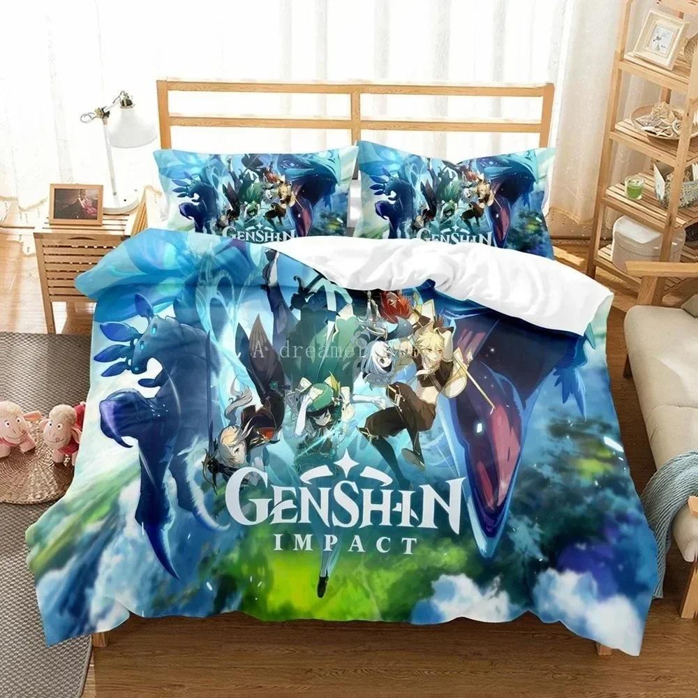 Genshin Impact Bedding Set Duvet Cover Sheet Printed Bed Set Pillowcase Bed Full Queen King Size Comforter Bedroom