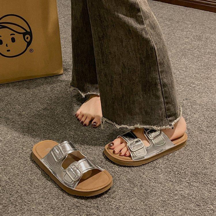 2025 summer new belt buckle half slippers women's non-slip casual Boken versatile retro one-word open-toed cool slippers