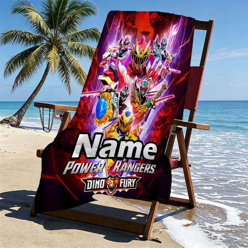 Custom Name Personalized Mighty Morphin Power Rangers Print Beach Towel, for Trip Camping Beach Party Home Decor, Birthday Gift for Family & Friends