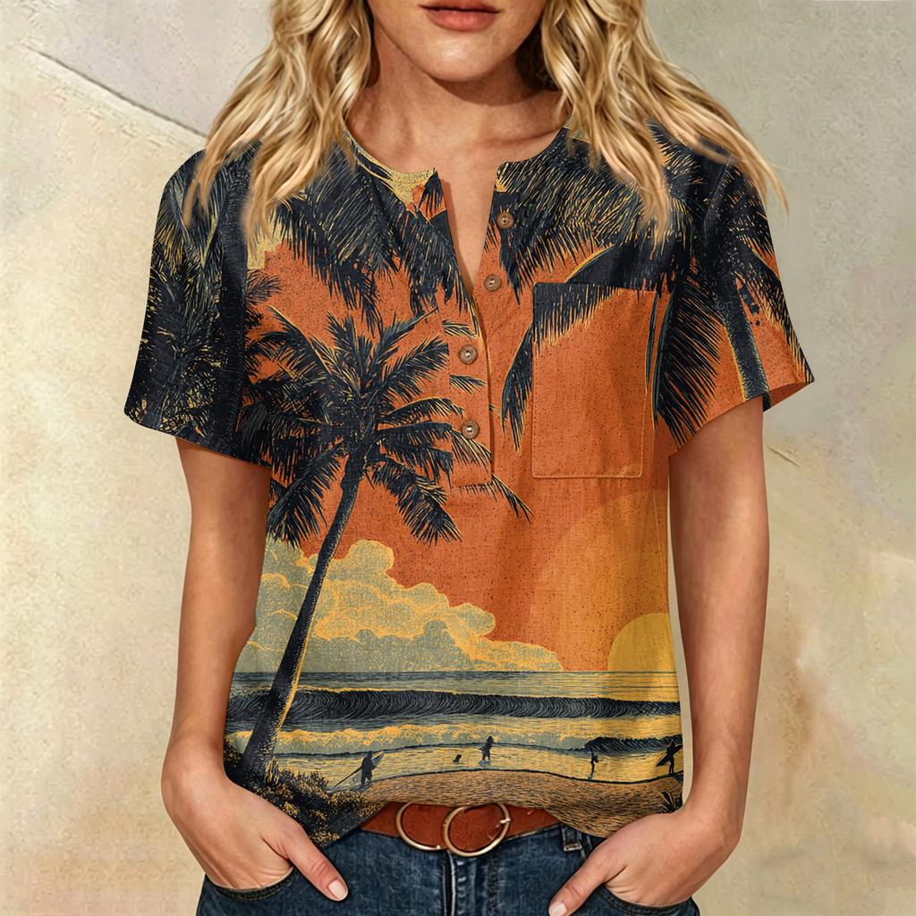 Women's Floral Print Short Sleeve Shirt Henley Button Neck Chest Pocket Casual Linen Cotton Blended Top for Summer