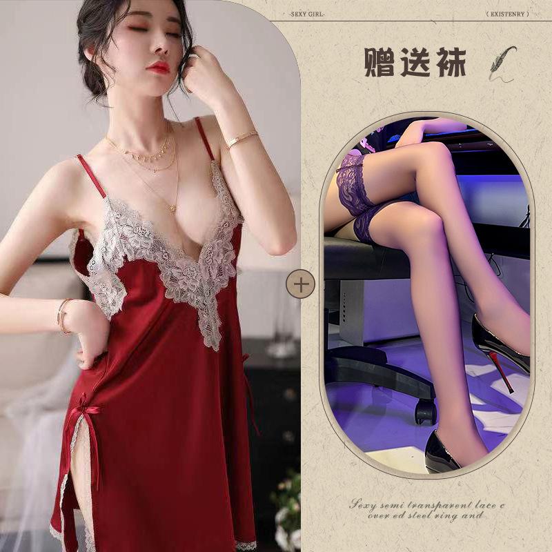 Fun underwear ice silk temptation sexy split-ended nightdress water-soluble flower hollow suspender pajama set