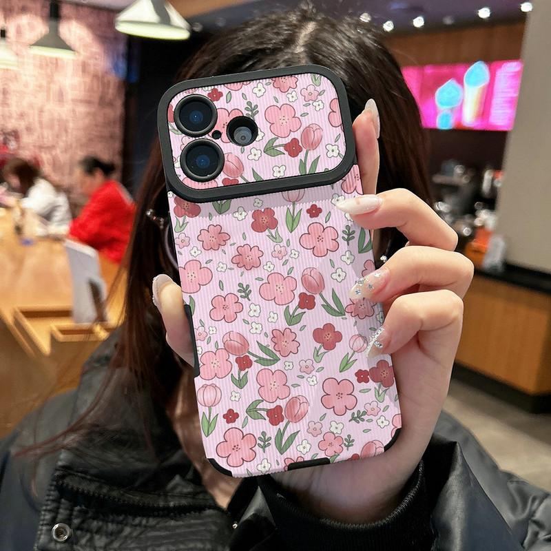 Pink Flowers Floral Printed Vertical Grain Leather Soft Silicone Phone Case Back Cover with Camera Lens Full Protection for iPhone 17