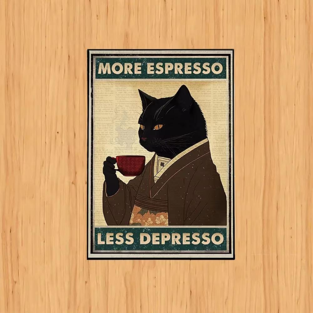 Retro Metal Tin Sign More Espresso Less Depresso Coffee Drinking Poster Special Gift for Lover Funny Black Cat Wall Art Decor