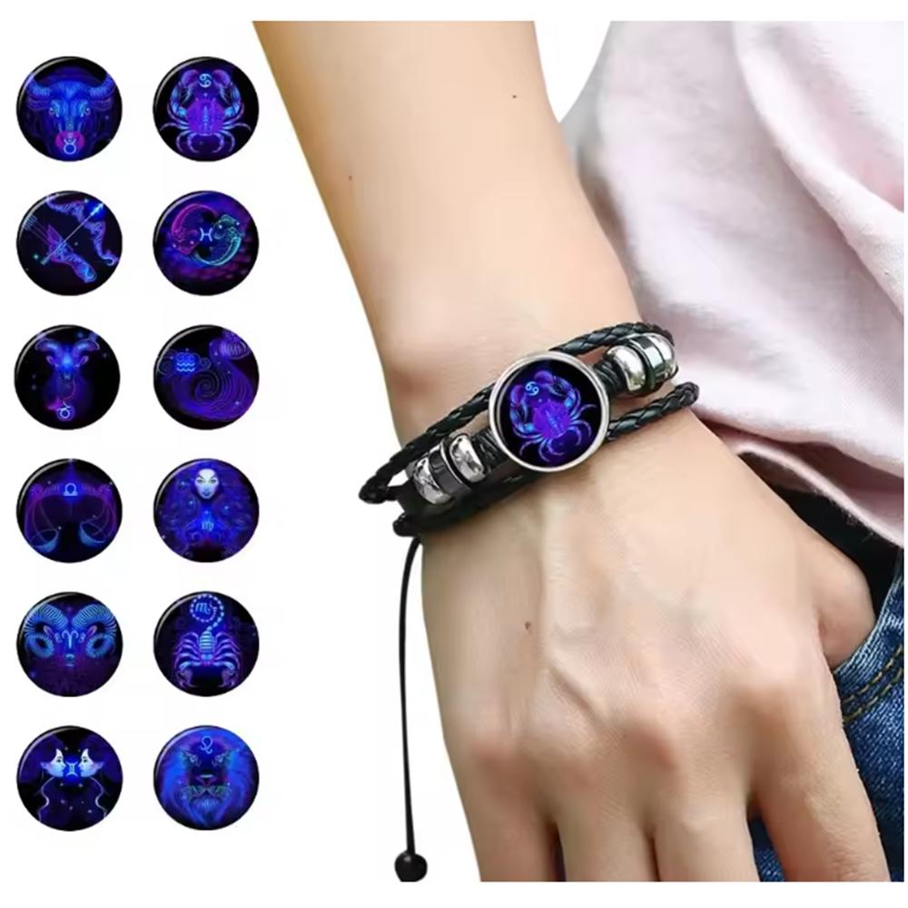 12 Sternbilder Sternzeichen Schwarzes geflochtenes Lederarmband Krebs Löwe Jungfrau Waage Gewebtes Glaskuppelschmuck Punk Herrenarmband