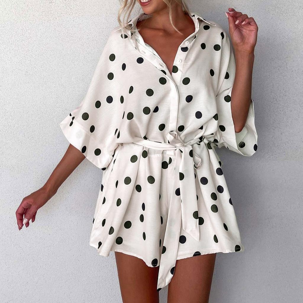 Women's Fashionable Casual Loose And Comfortable Tie Waist Open Collar Five Quarter Sleeve Jumpsuit