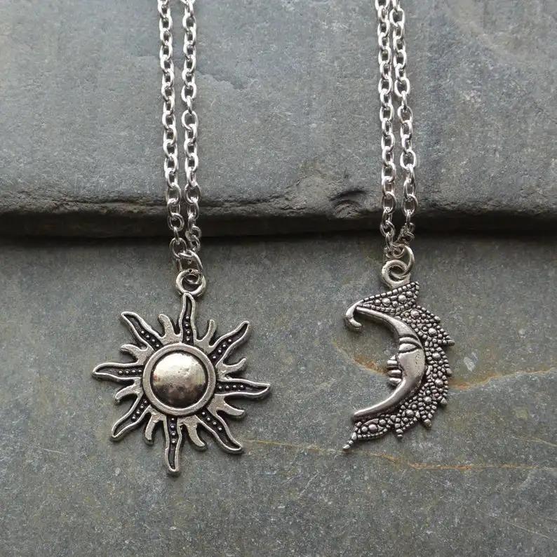 New Silver Color Sun And Moon Necklaces Chain Pair Of Celestial Best Friends Gift For Friend Long Necklaces Pendants Men Women