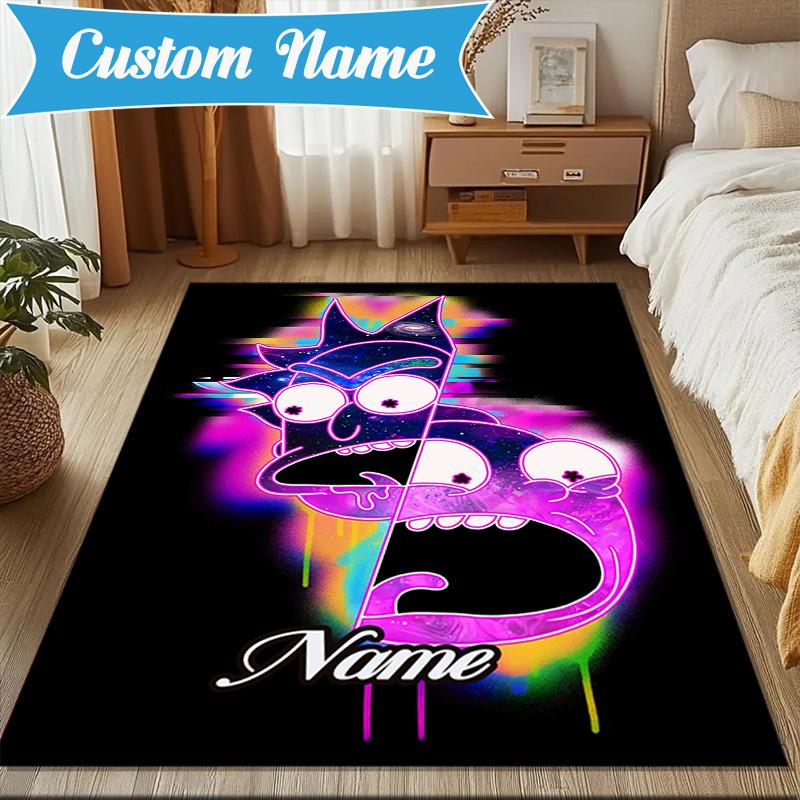 Custom Name Neon Rick Artwork Rug Game Carpet, Floor Mat for Bedroom Living Room Entryway Rug, Home Decor Idea Gift for Christmas birthday