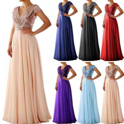 Women Neck Lace Chiffon Ball Evening Dress With Split