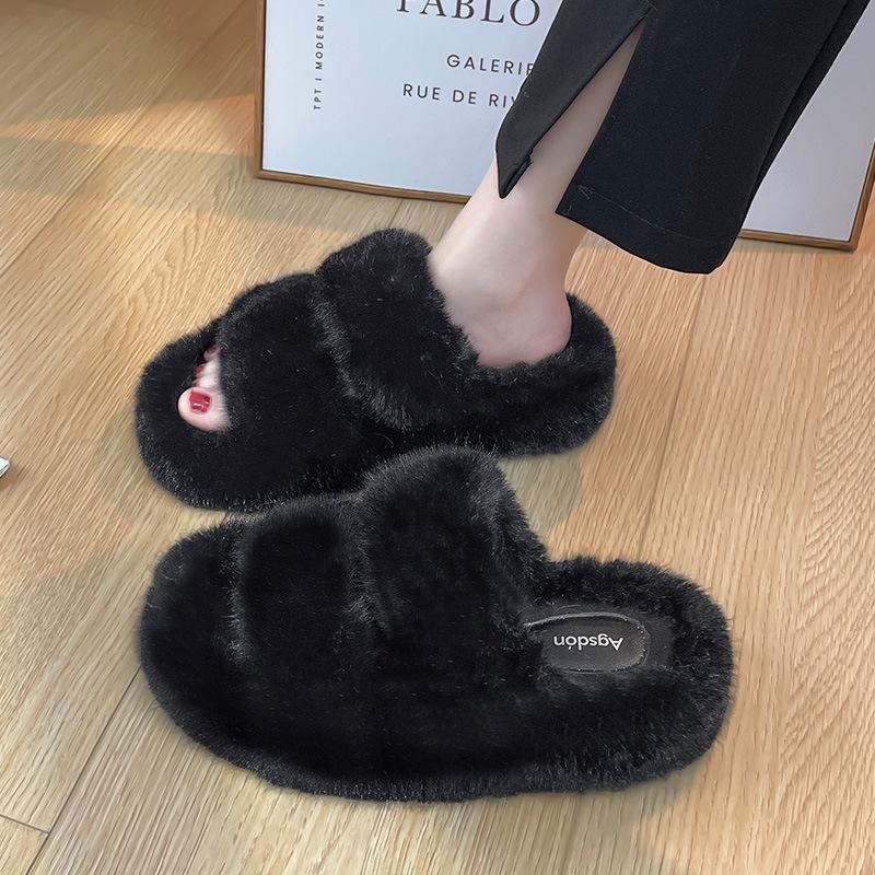 Augustine plush slippers women's autumn 2025 new cute wind ins home thick bottom one-word cotton slippers