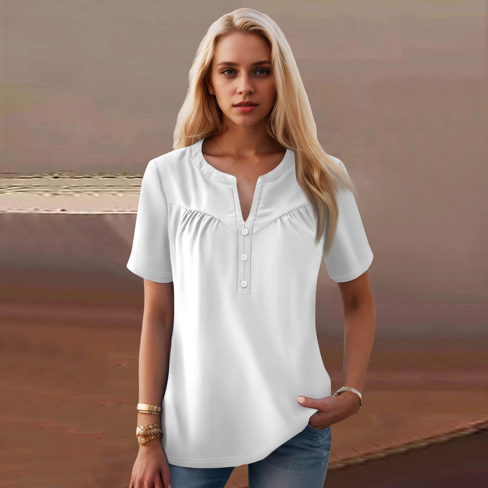 

Женская повседневная футболка с v-образным вырезом и коротким рукавом с цветочным принтом и декоративными пуговицами, топ XL белый