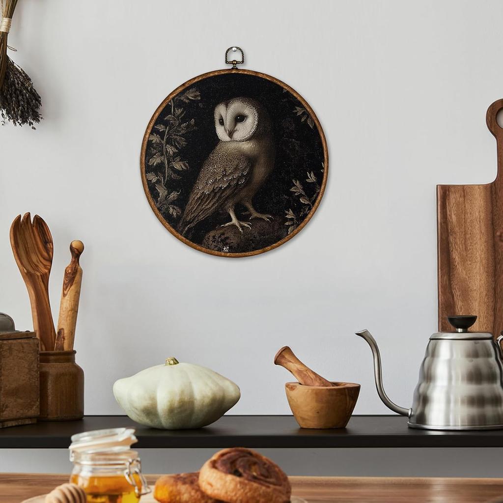 Voxitura Vintage Midnight Owl Fall Wall Art Round Framed, Black Goth Dark Wall Decor Canvas Hanging Living Room, Rustic Gothic Paintings Prints